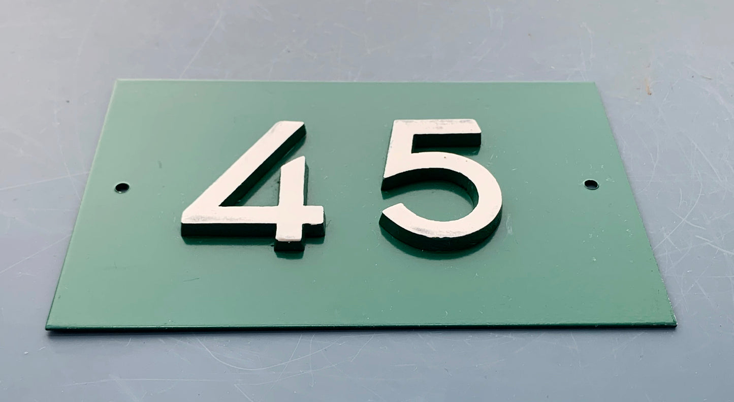 Green French Embossed metal # 45 Door Number / Plaque - White on Green