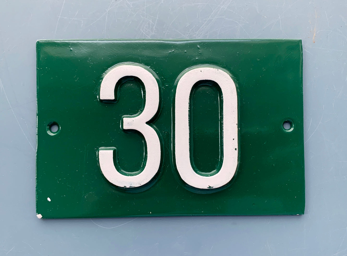 Green French Embossed metal # 30 Door Number / Plaque - White on Dark Green