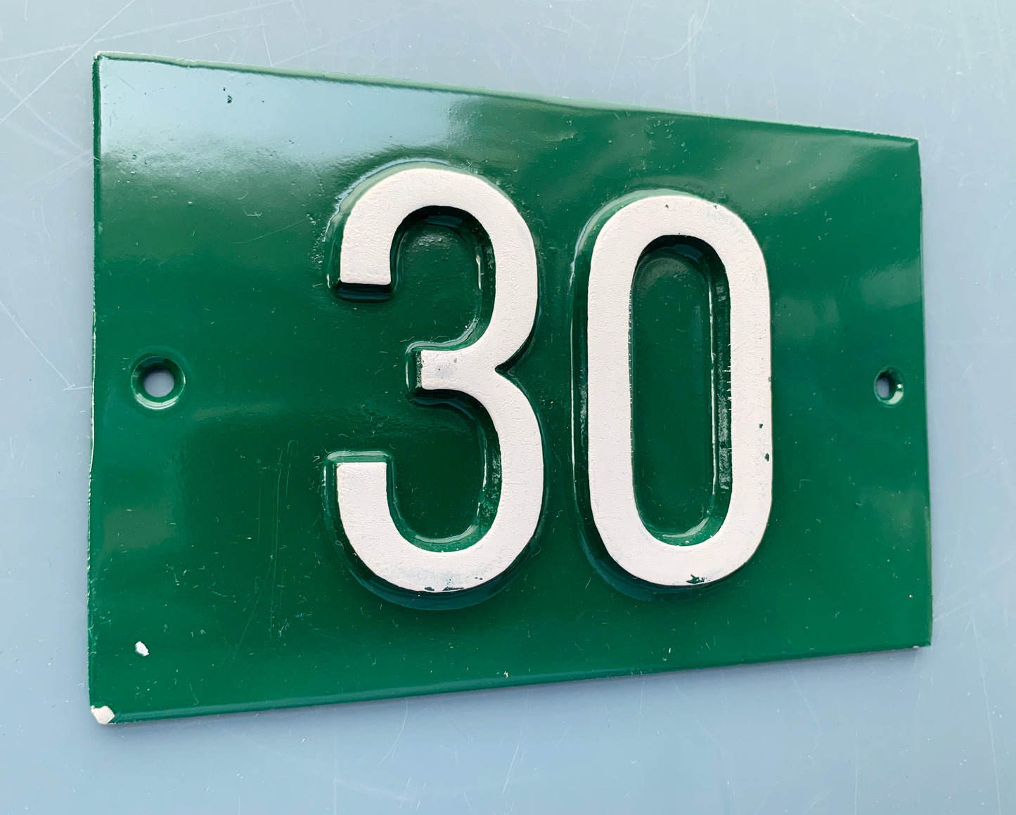 Green French Embossed metal # 30 Door Number / Plaque - White on Dark Green