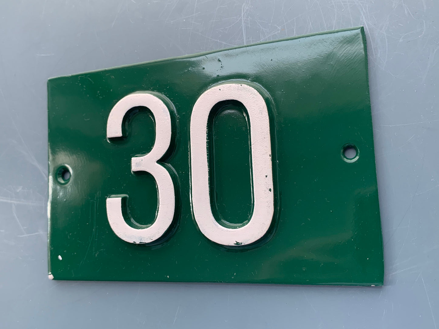 Green French Embossed metal # 30 Door Number / Plaque - White on Dark Green