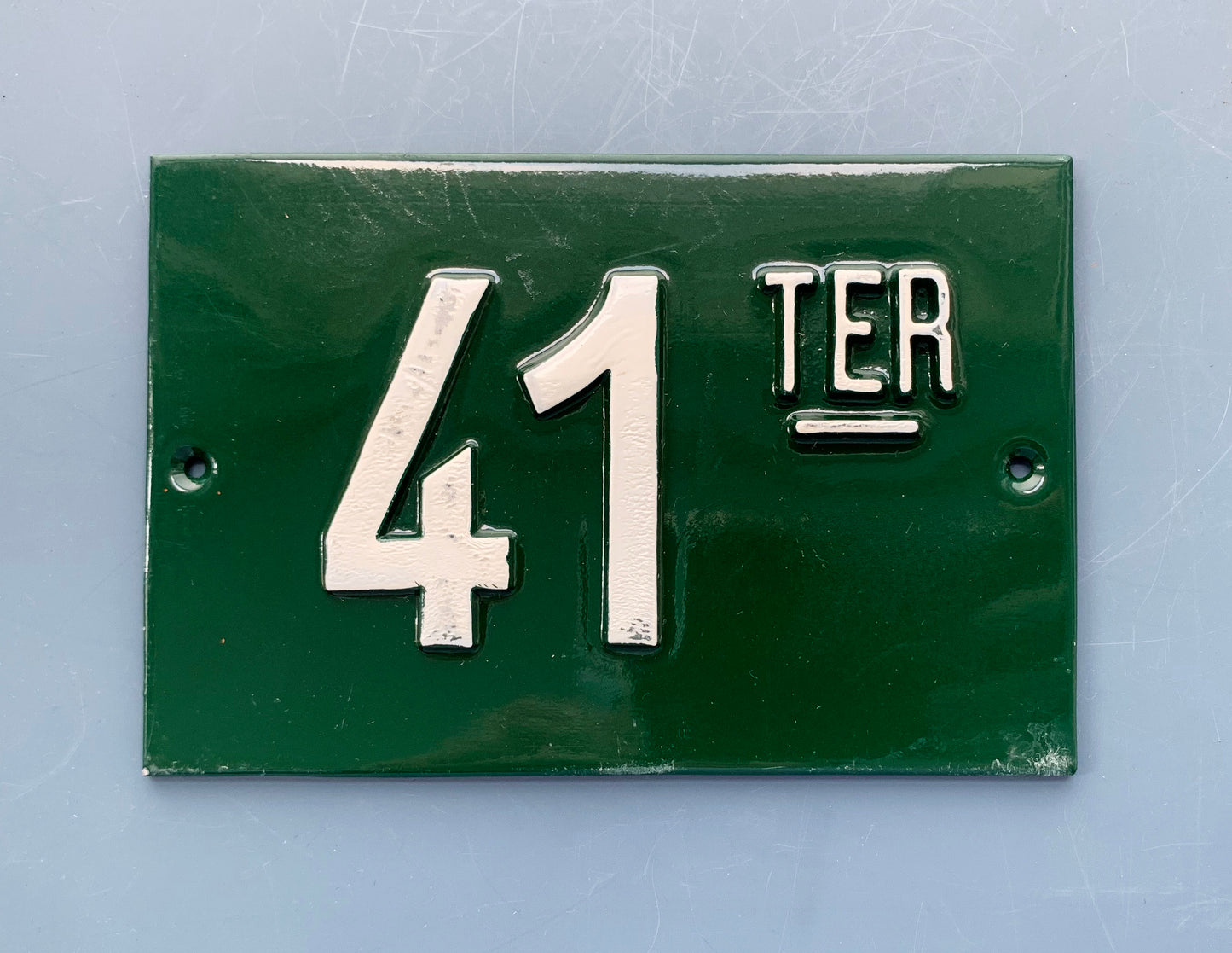 Green French Embossed metal # 41 TER Door Number / Plaque - White on Dark Green