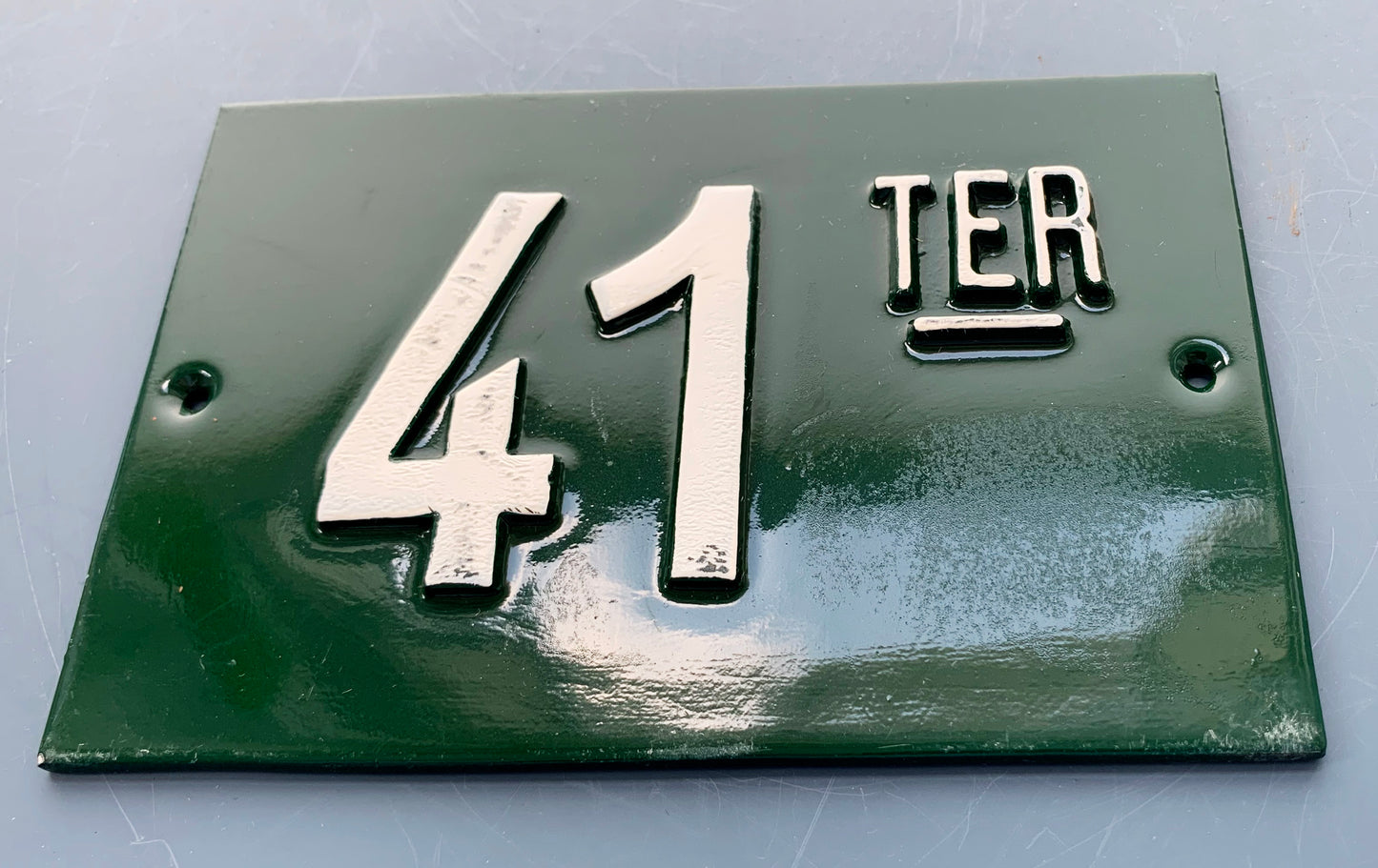 Green French Embossed metal # 41 TER Door Number / Plaque - White on Dark Green