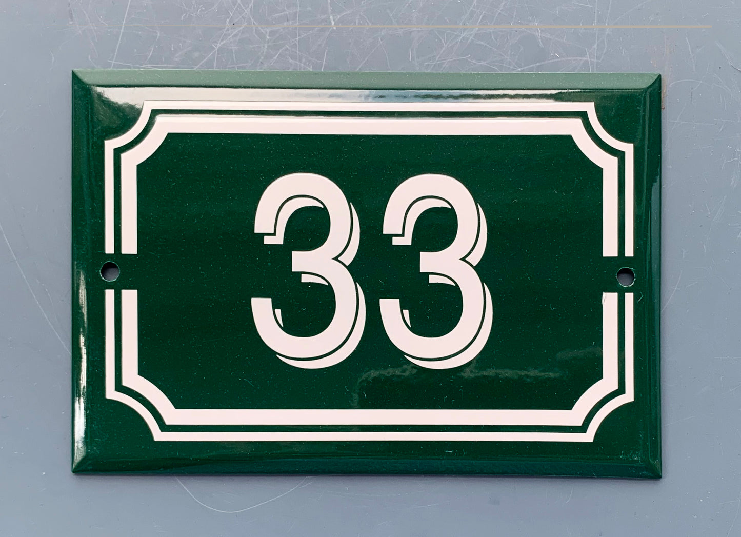 Green French Enamel # 33 Door Number / Plaque - White on Dark Green