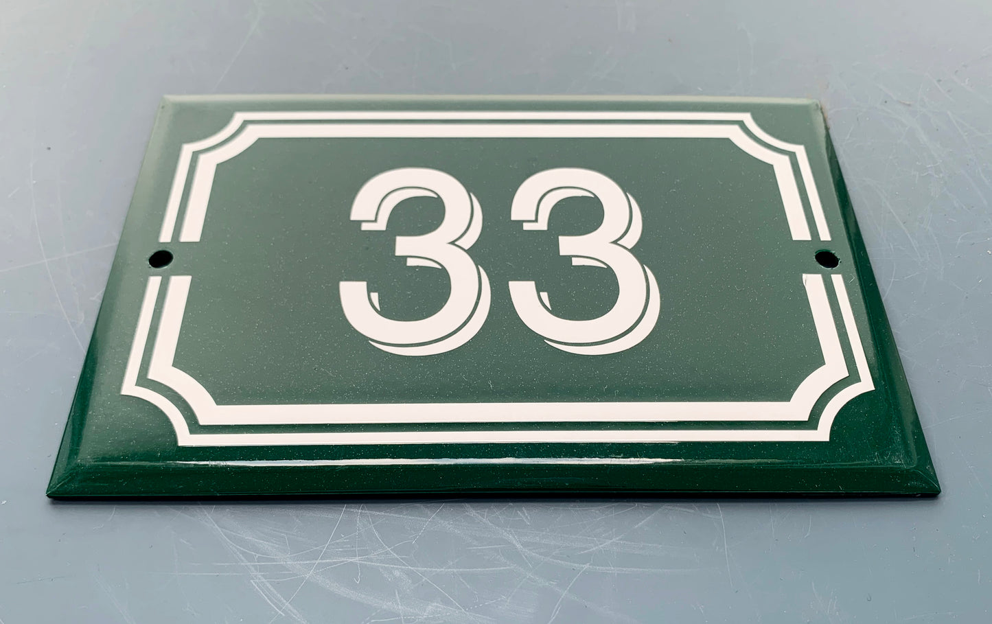 Green French Enamel # 33 Door Number / Plaque - White on Dark Green