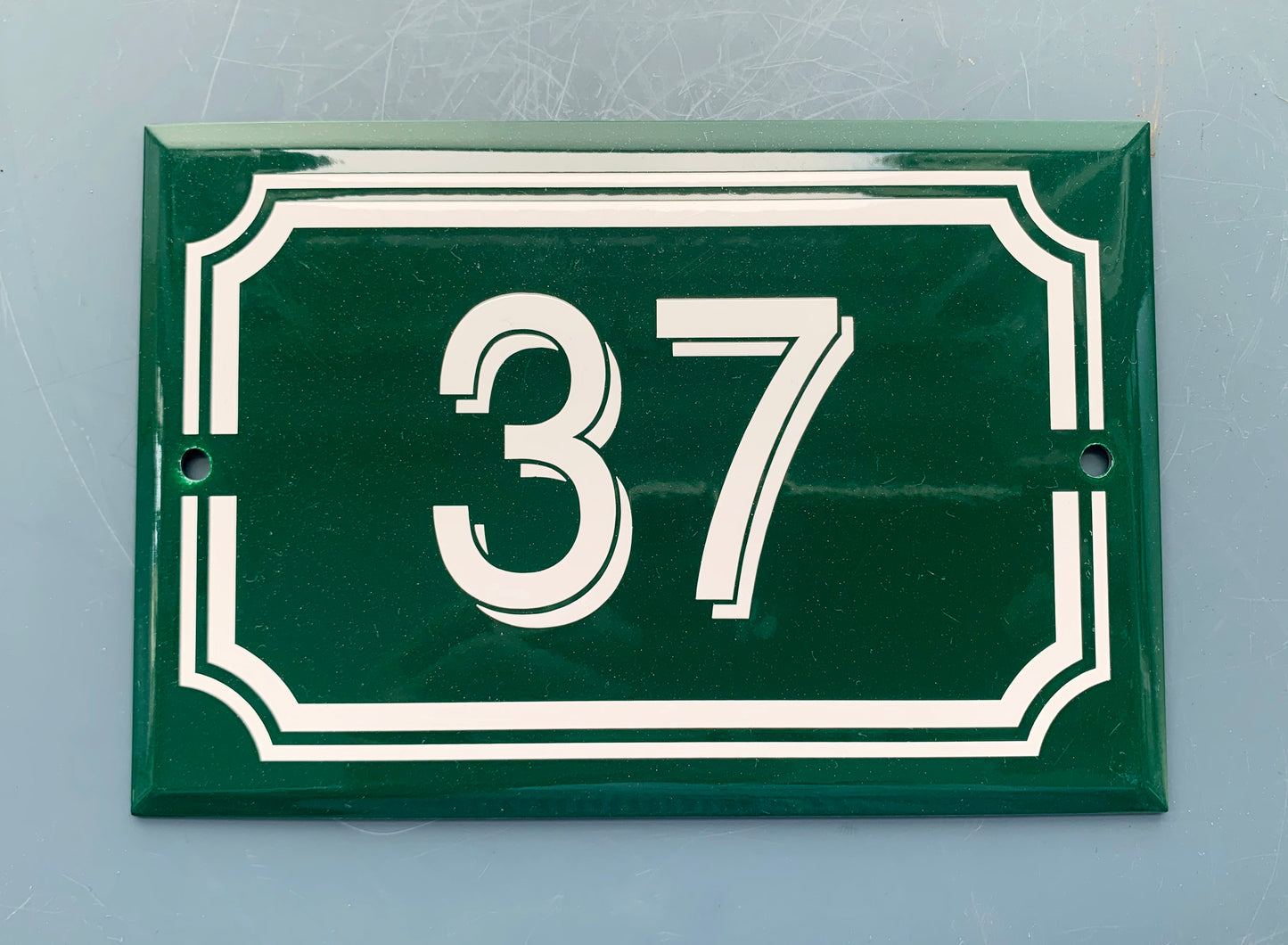 Green French Enamel # 37 Door Number / Plaque - White on Dark Green