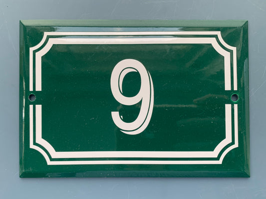 Green French Enamel # 9 Door Number / Plaque - White on Dark Green