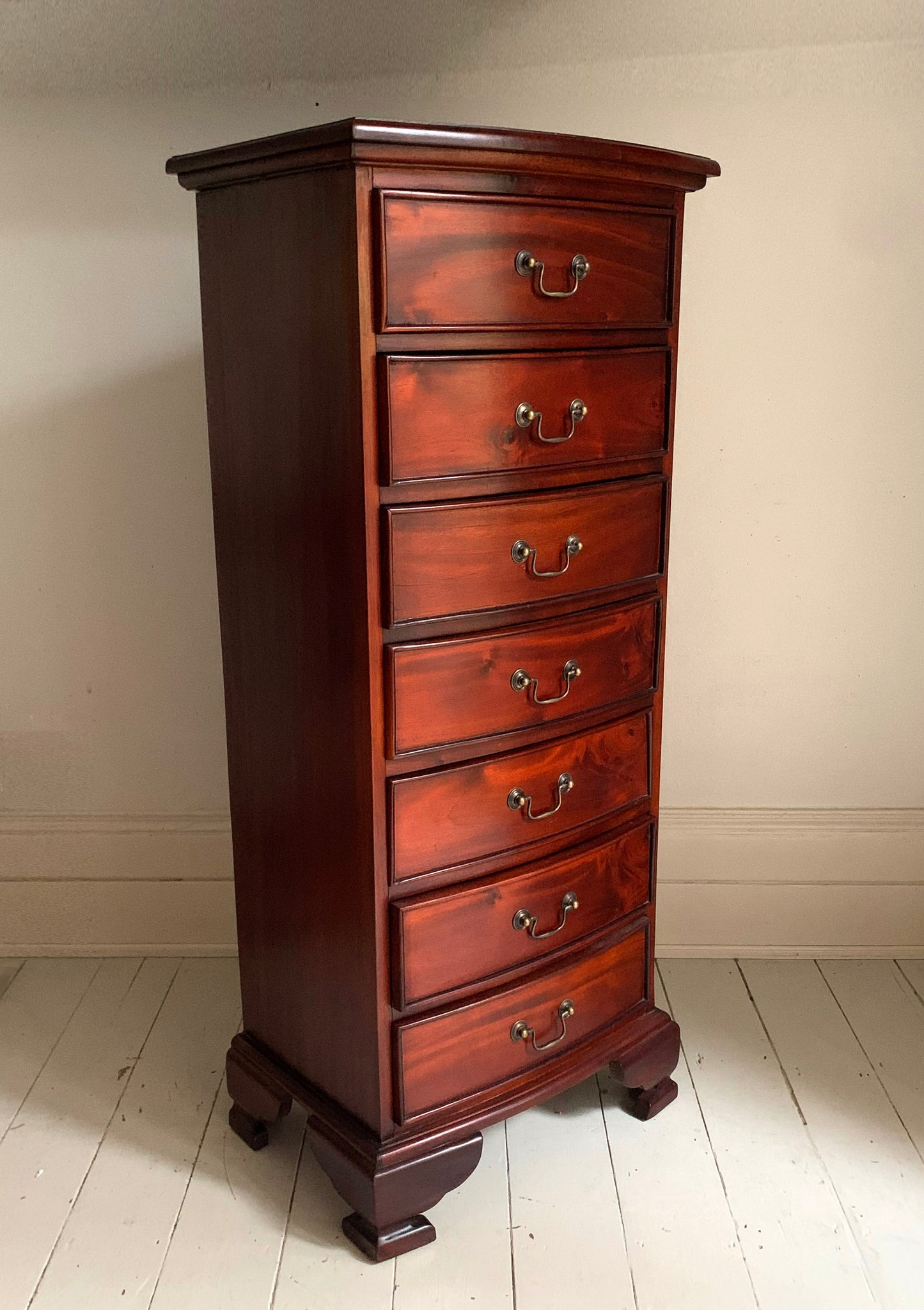 Handmade Elegant Mahogany Seven Drawer Tall Boy Chest of Drawers with Bow Front