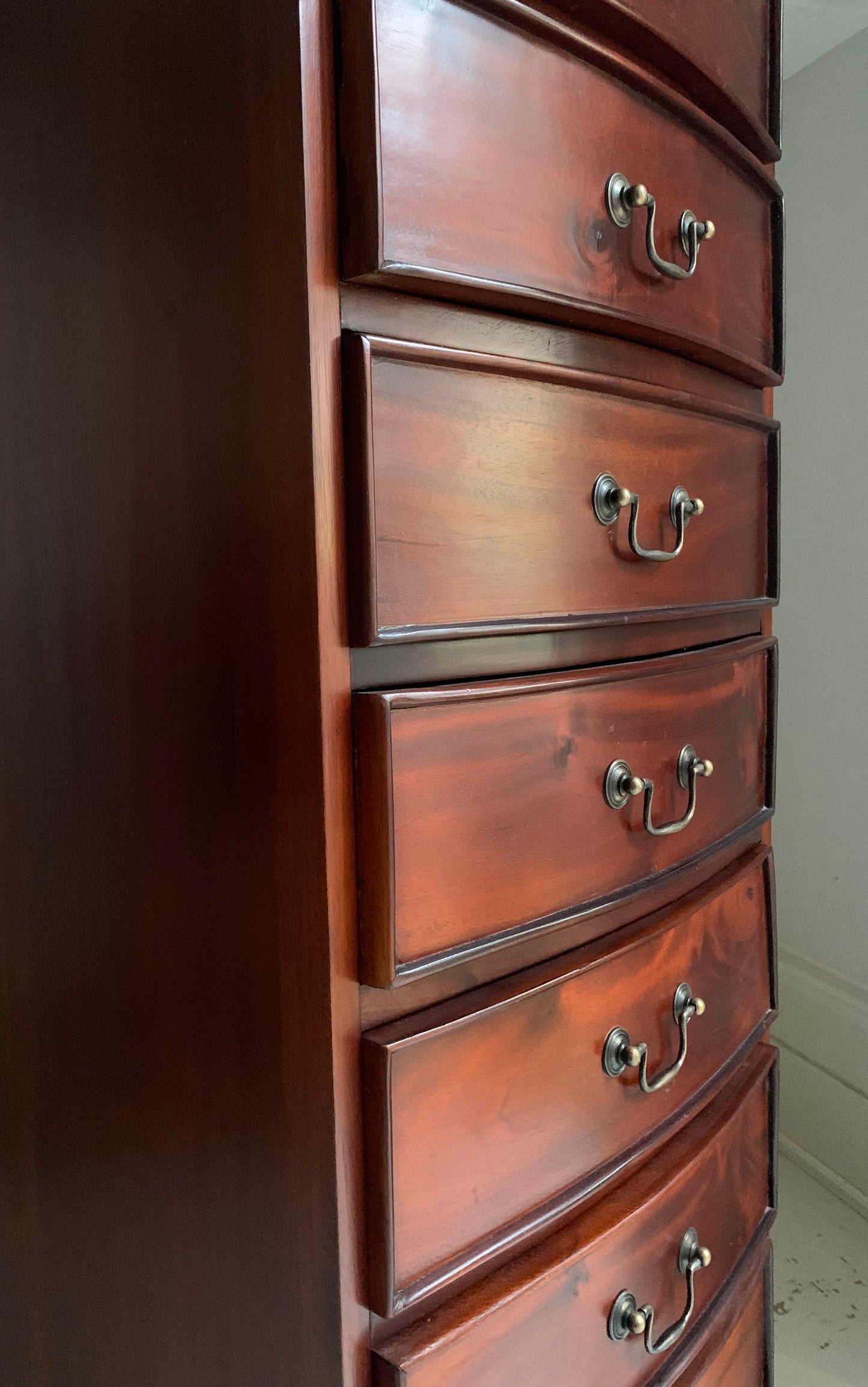 Handmade Elegant Mahogany Seven Drawer Tall Boy Chest of Drawers with Bow Front
