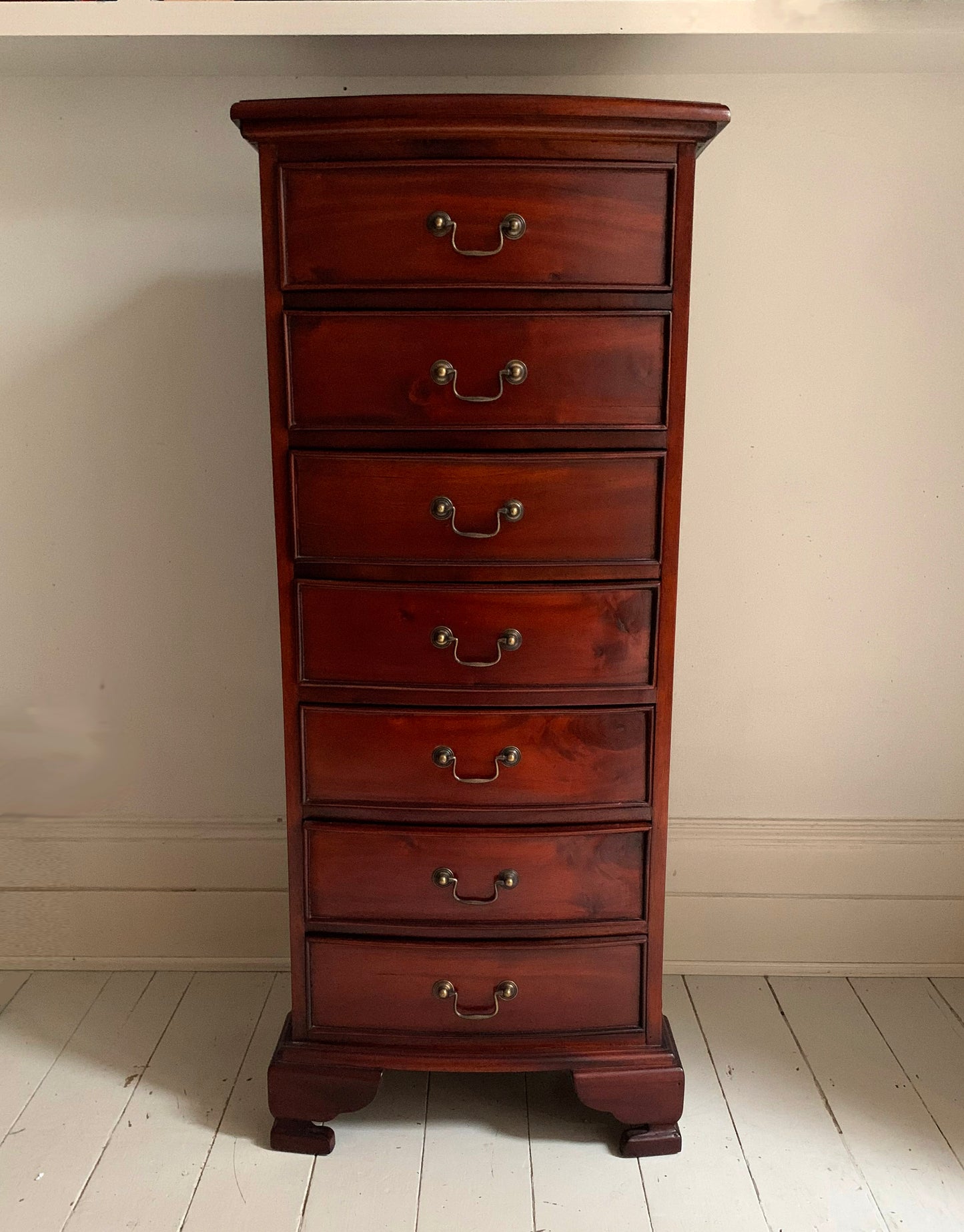 Handmade Elegant Mahogany Seven Drawer Tall Boy Chest of Drawers with Bow Front