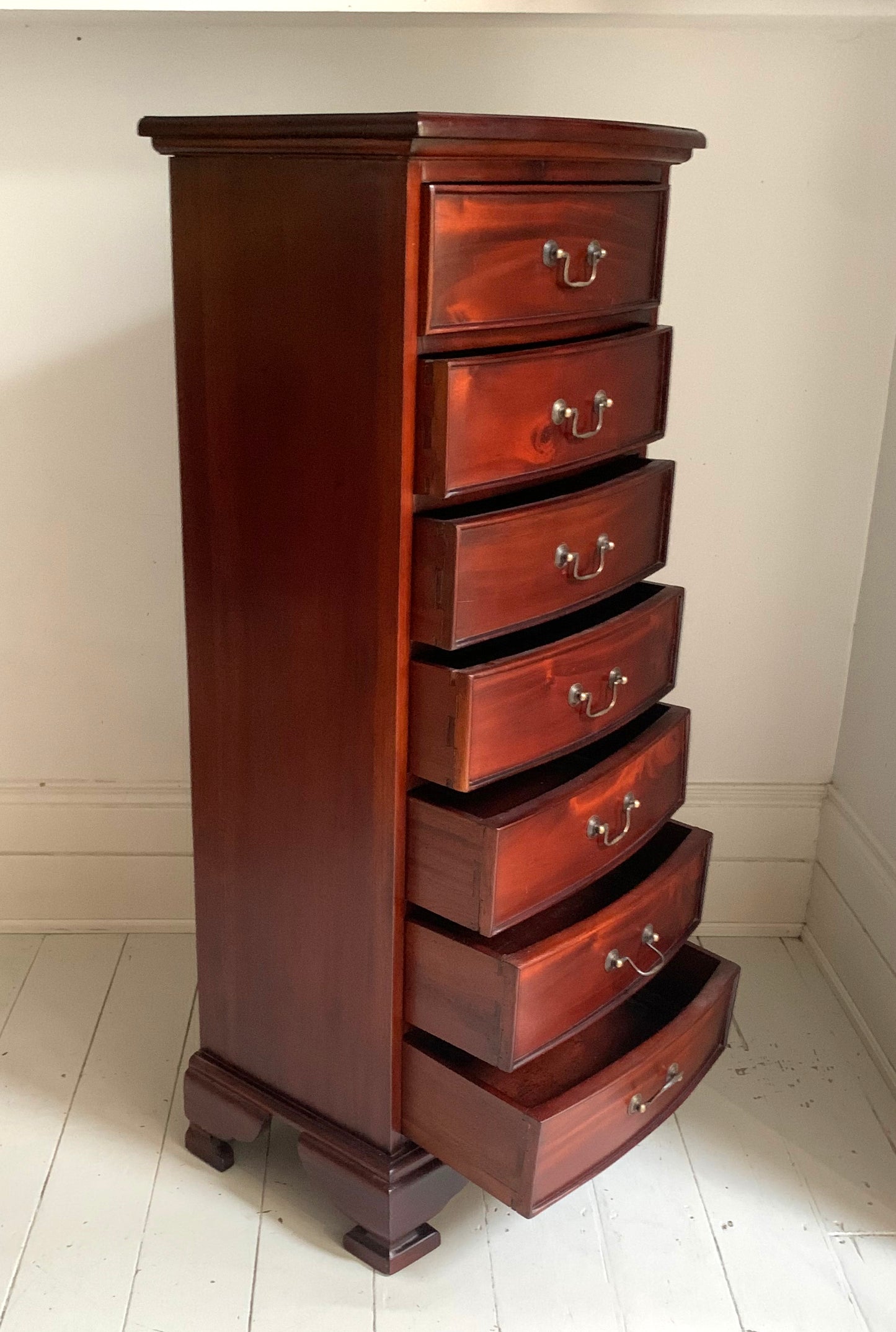 Handmade Elegant Mahogany Seven Drawer Tall Boy Chest of Drawers with Bow Front