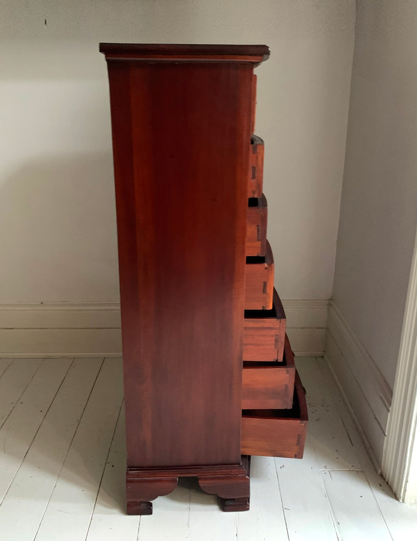 Handmade Elegant Mahogany Seven Drawer Tall Boy Chest of Drawers with Bow Front