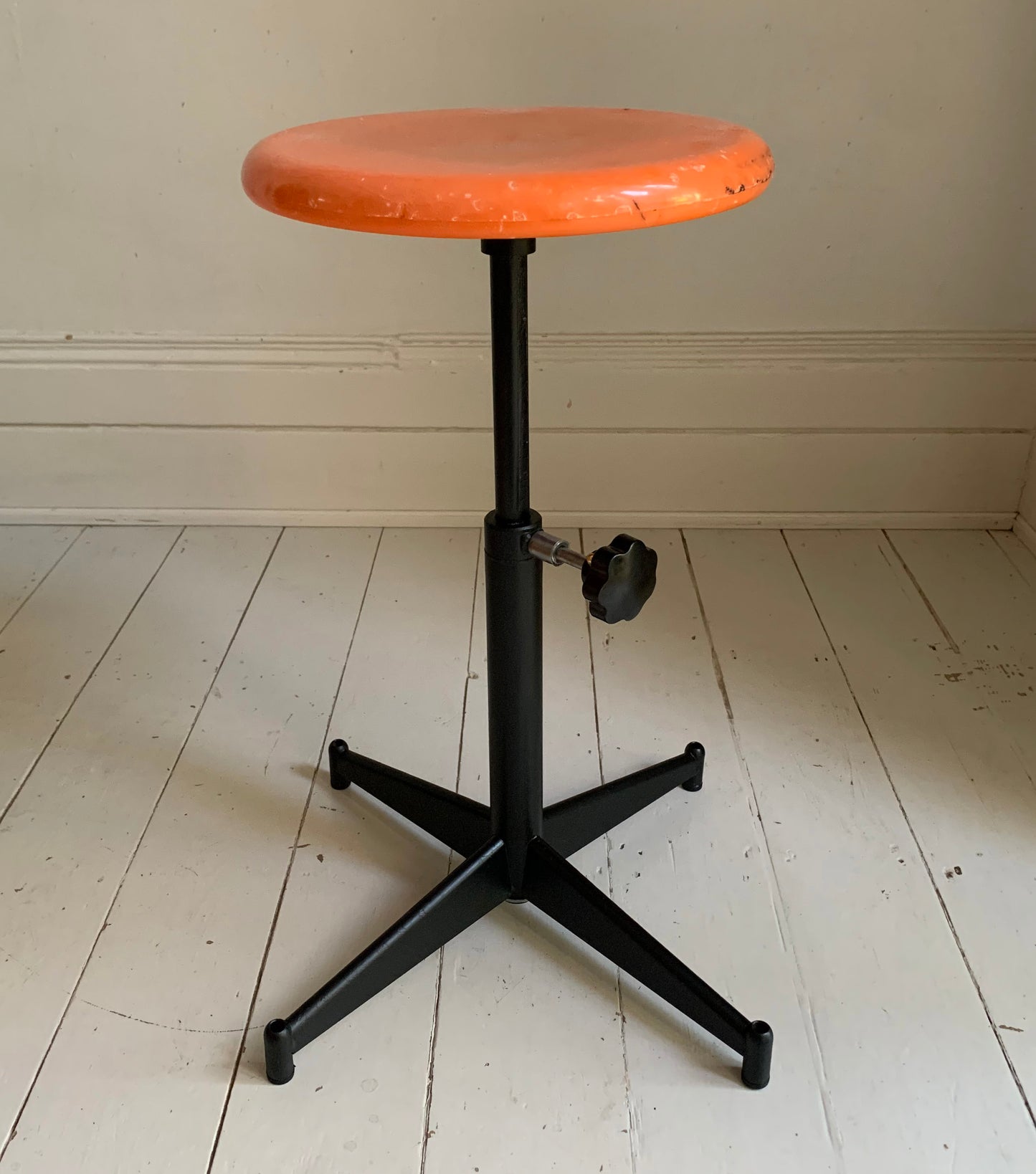 Vintage French Industrial Adjustable Height Stool, Orange Plastic, Black Metal