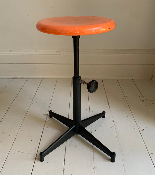 Vintage French Industrial Adjustable Height Stool, Orange Plastic, Black Metal