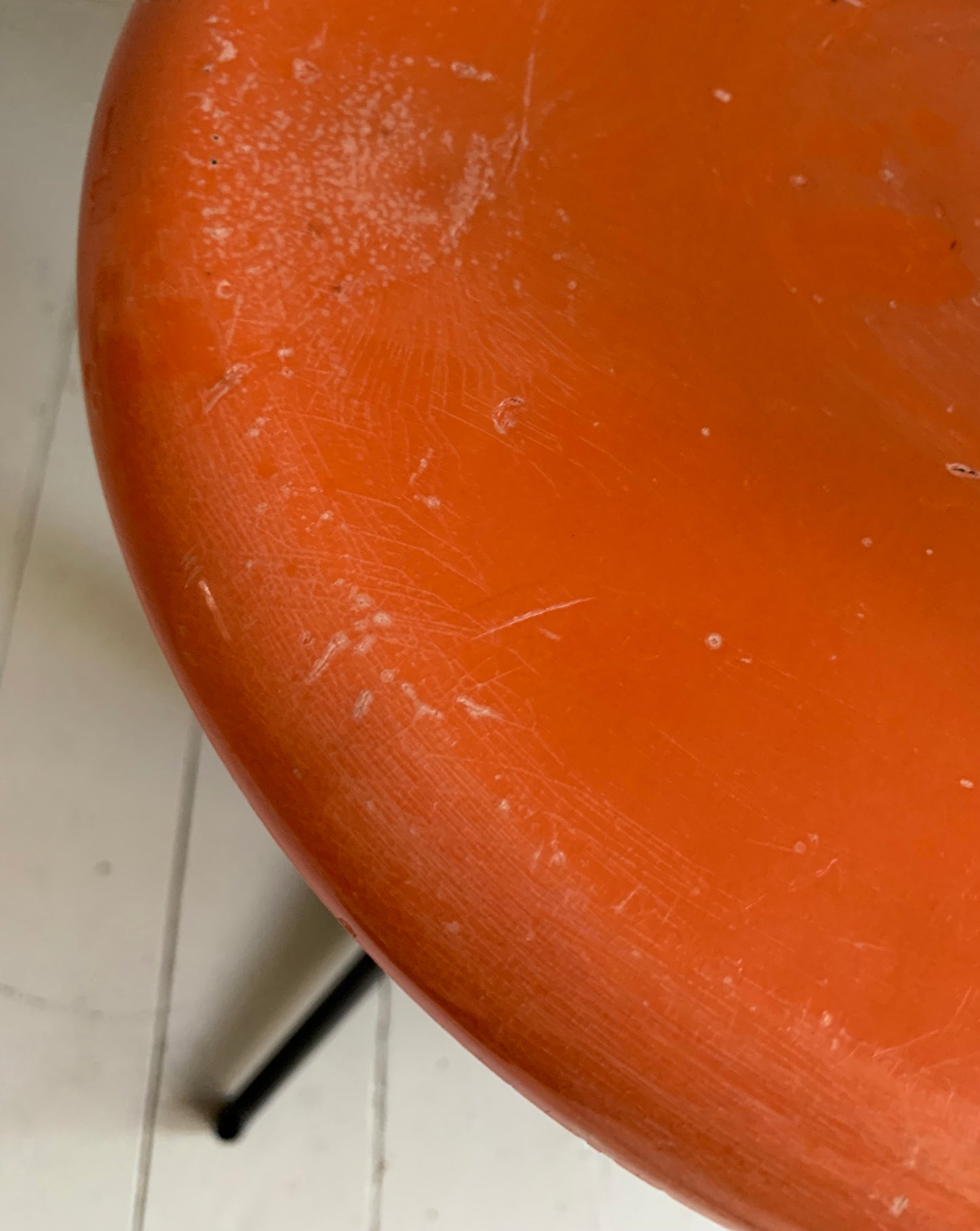 Vintage French Industrial Adjustable Height Stool, Orange Plastic, Black Metal