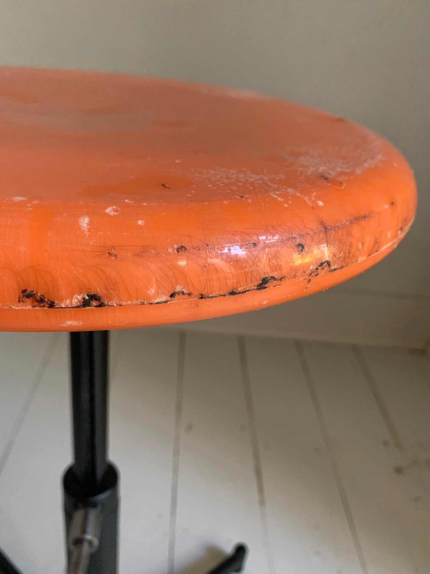 Vintage French Industrial Adjustable Height Stool, Orange Plastic, Black Metal
