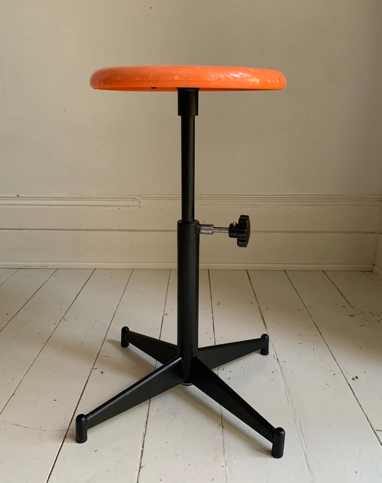 Vintage French Industrial Adjustable Height Stool, Orange Plastic, Black Metal