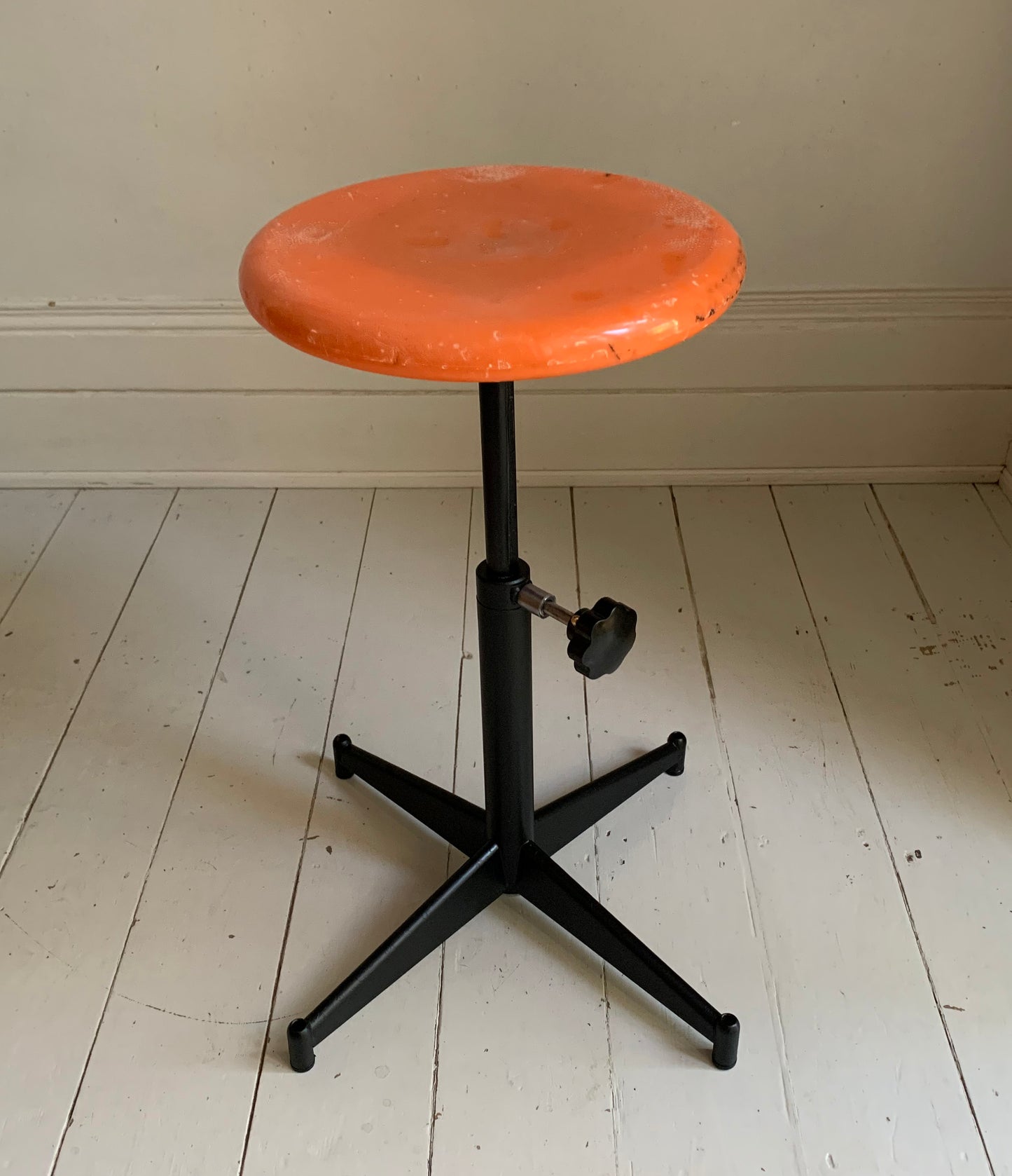 Vintage French Industrial Adjustable Height Stool, Orange Plastic, Black Metal
