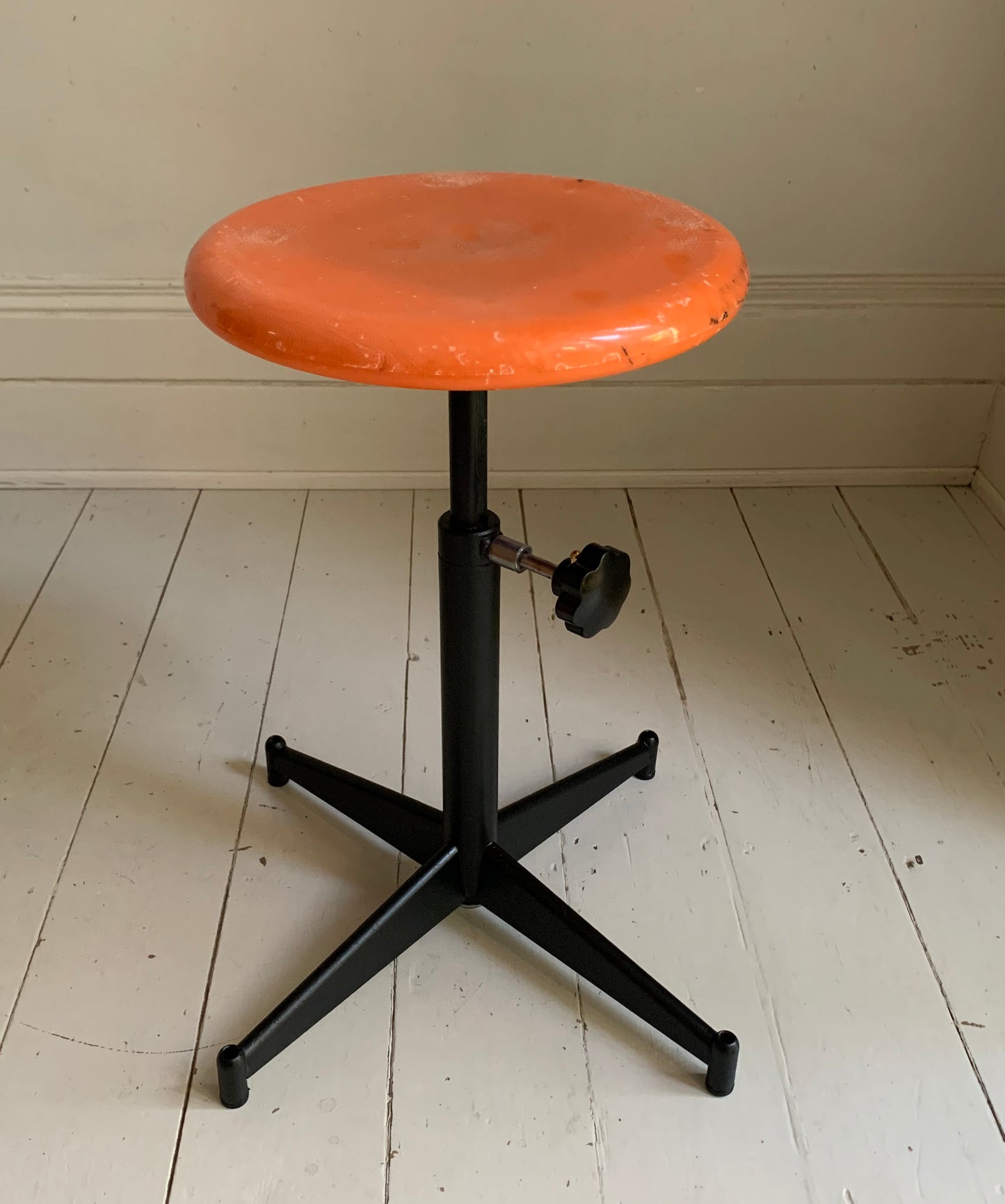 Vintage French Industrial Adjustable Height Stool, Orange Plastic, Black Metal