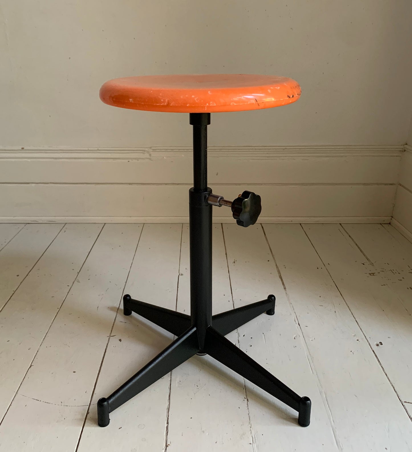 Vintage French Industrial Adjustable Height Stool, Orange Plastic, Black Metal