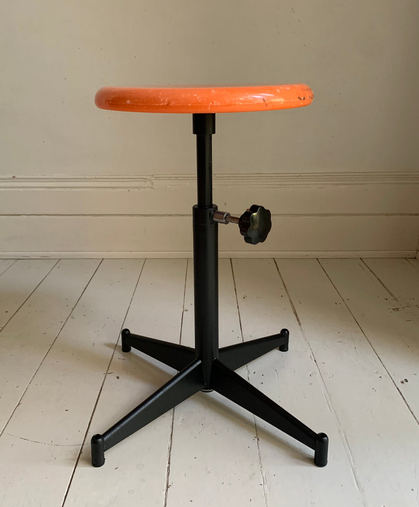 Vintage French Industrial Adjustable Height Stool, Orange Plastic, Black Metal