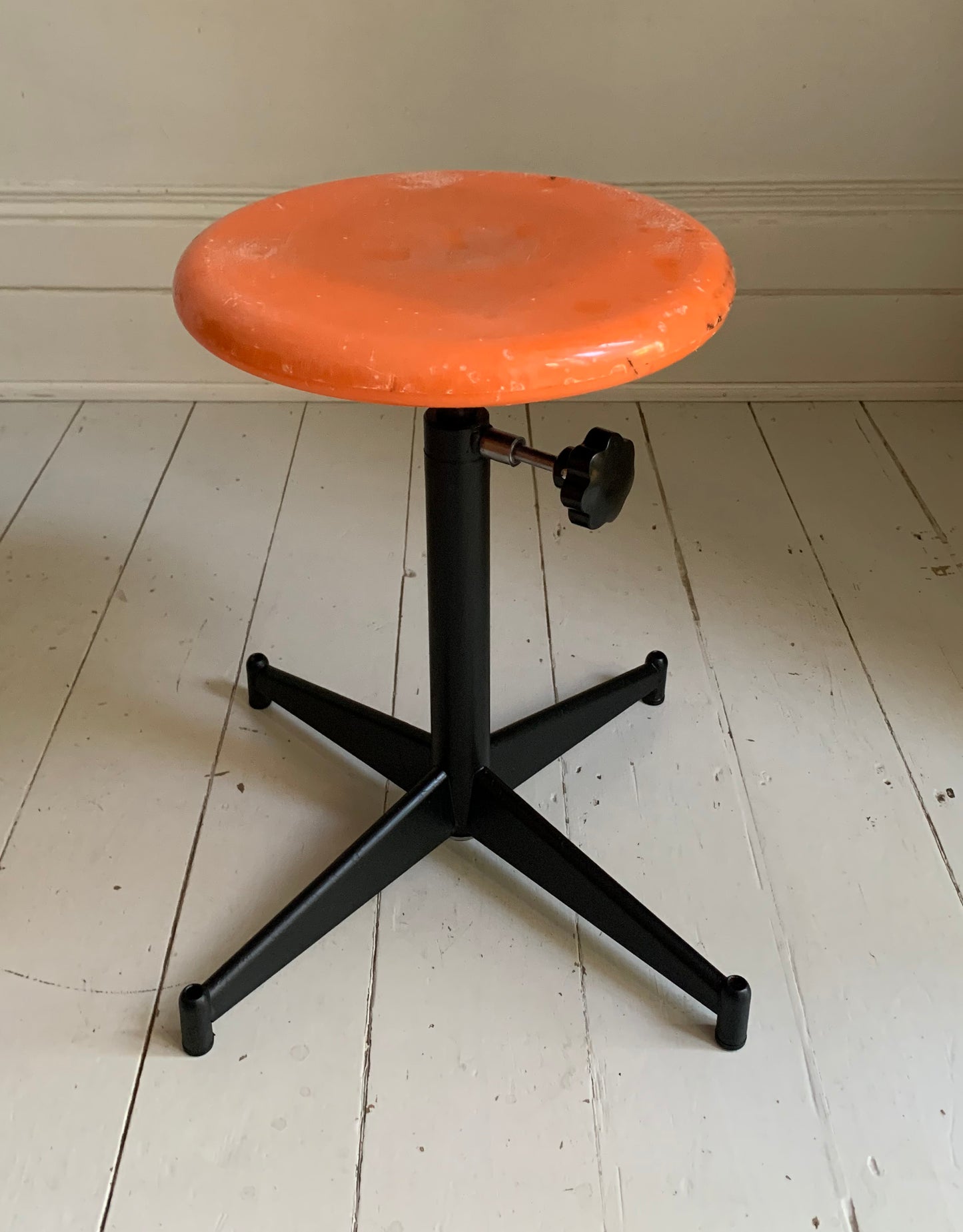 Vintage French Industrial Adjustable Height Stool, Orange Plastic, Black Metal