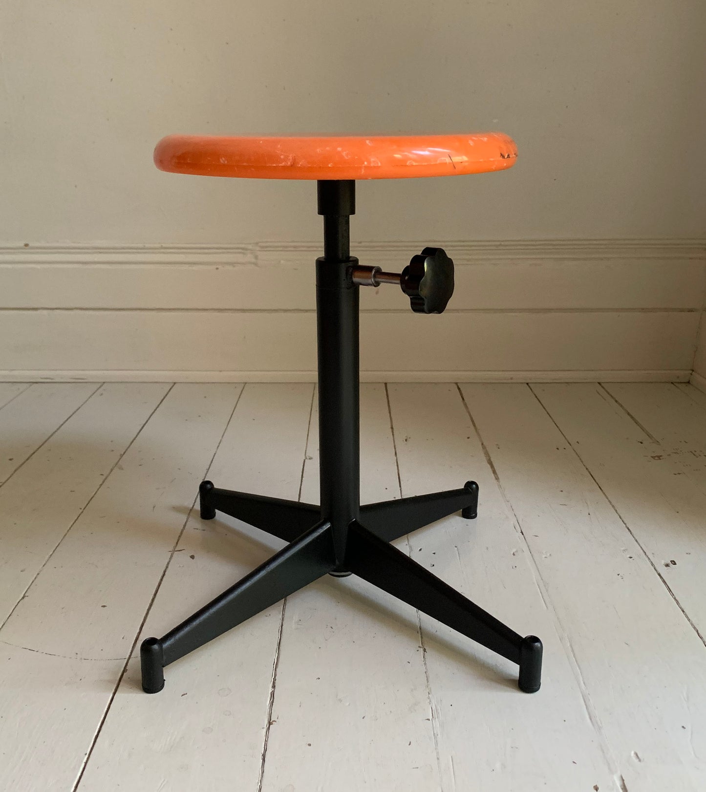 Vintage French Industrial Adjustable Height Stool, Orange Plastic, Black Metal