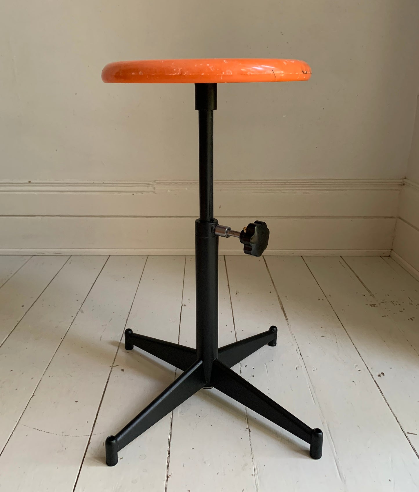 Vintage French Industrial Adjustable Height Stool, Orange Plastic, Black Metal