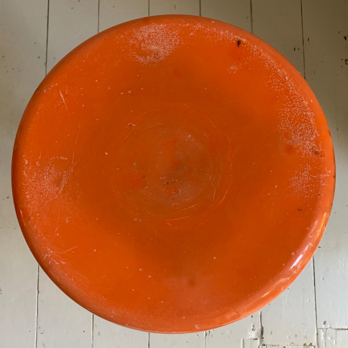 Vintage French Industrial Adjustable Height Stool, Orange Plastic, Black Metal