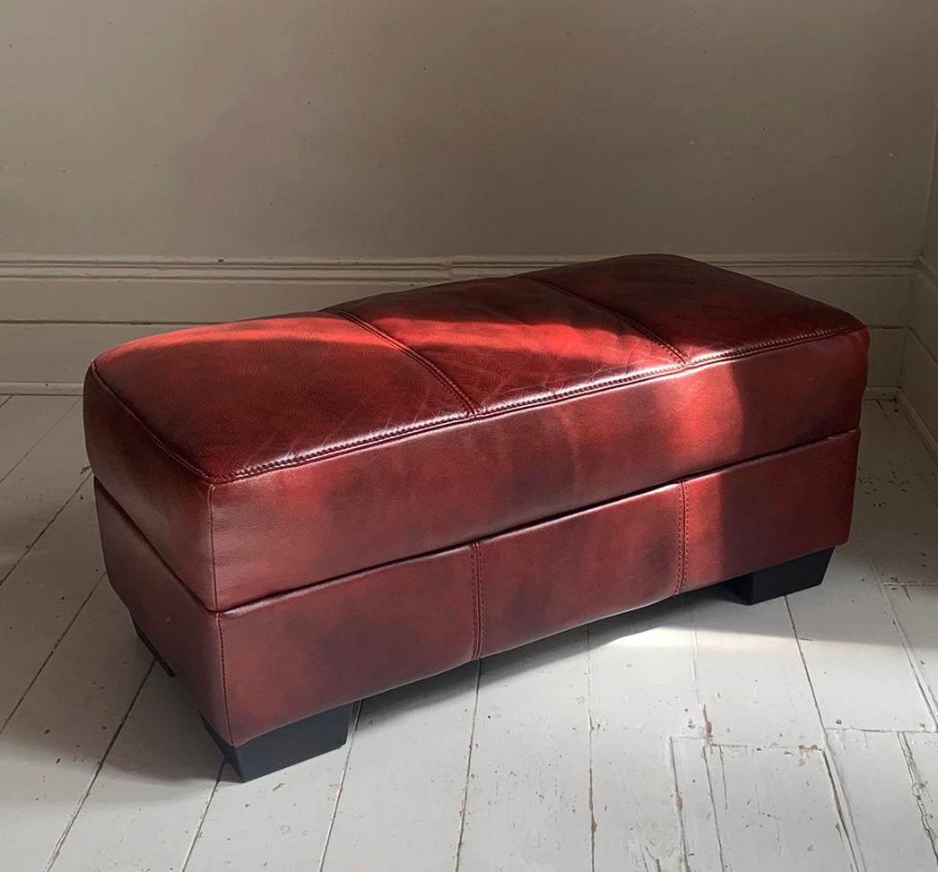 Large Red Leather Rectangular Footstool / Ottoman / Pouffe