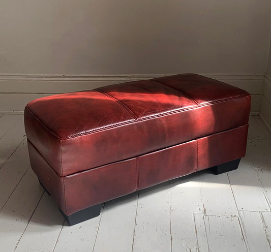 Large Red Leather Rectangular Footstool / Ottoman / Pouffe