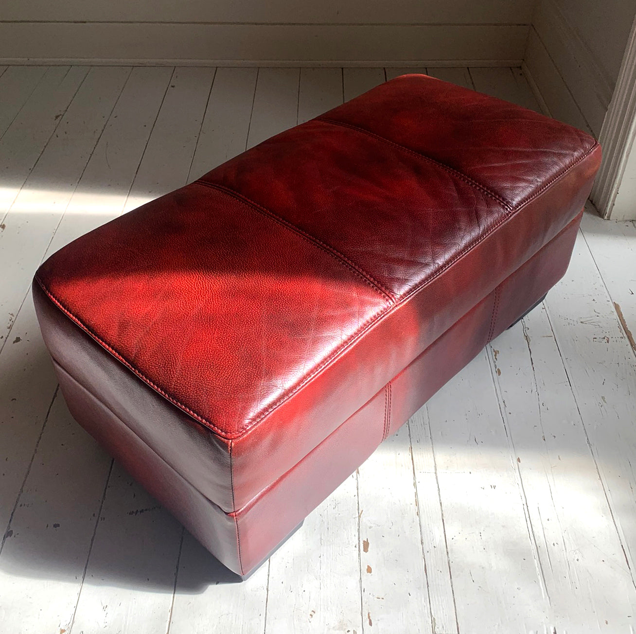 Large Red Leather Rectangular Footstool / Ottoman / Pouffe