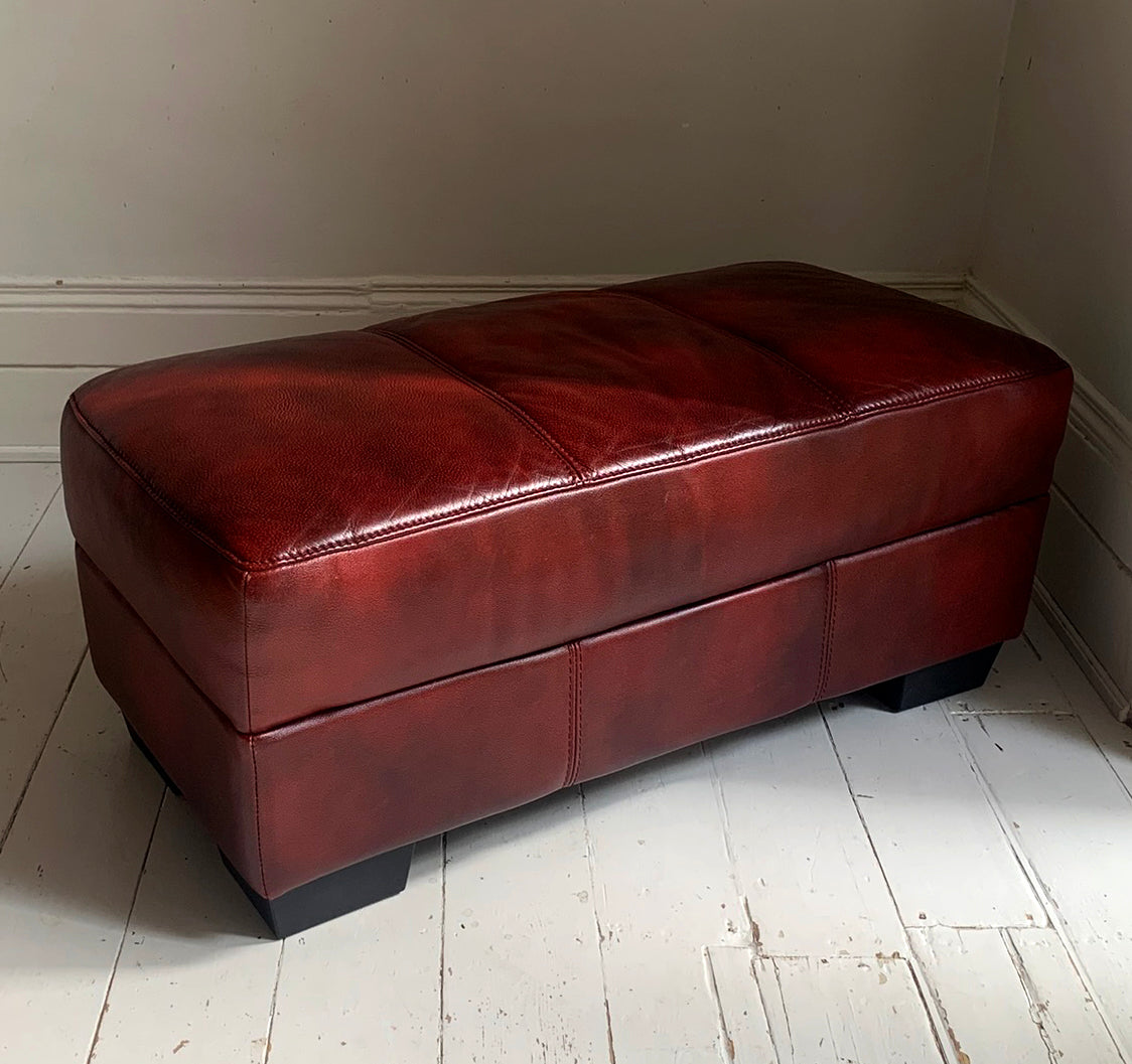 Large Red Leather Rectangular Footstool / Ottoman / Pouffe
