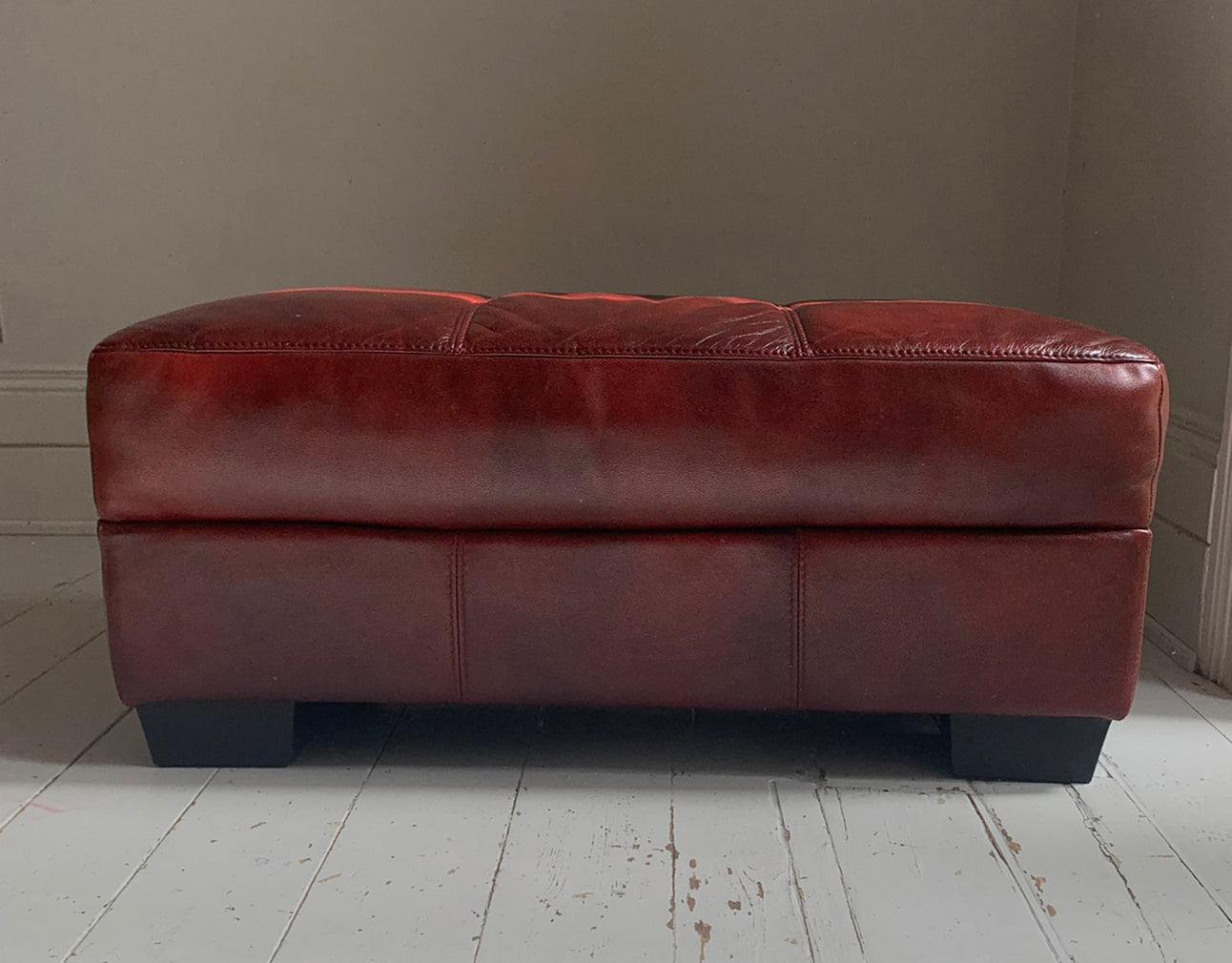 Large Red Leather Rectangular Footstool / Ottoman / Pouffe