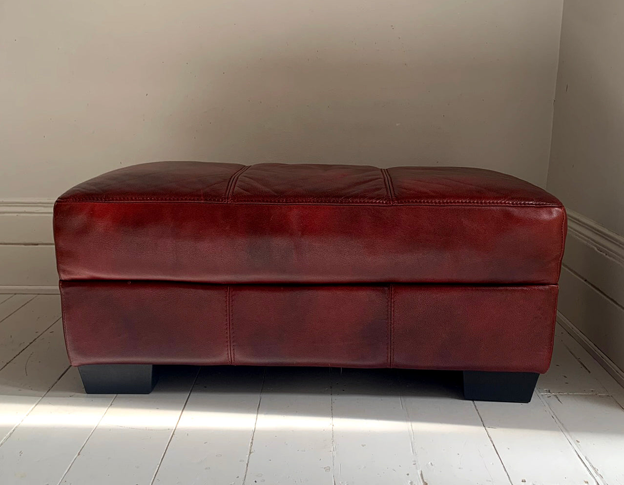 Large Red Leather Rectangular Footstool / Ottoman / Pouffe