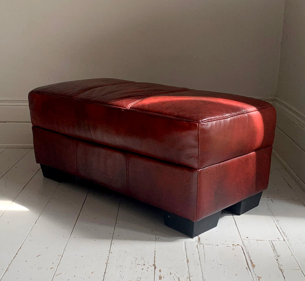 Large Red Leather Rectangular Footstool / Ottoman / Pouffe
