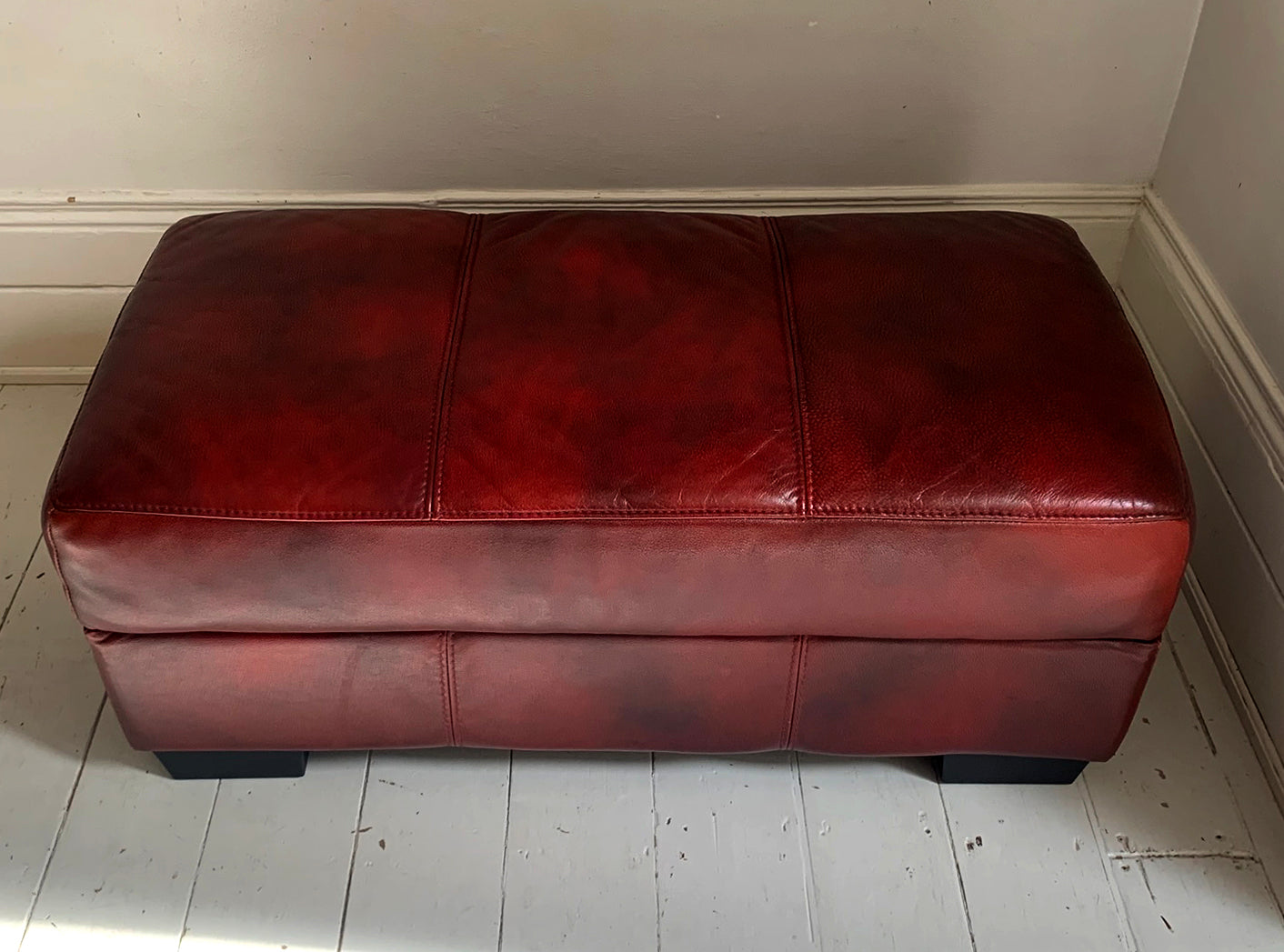 Large Red Leather Rectangular Footstool / Ottoman / Pouffe