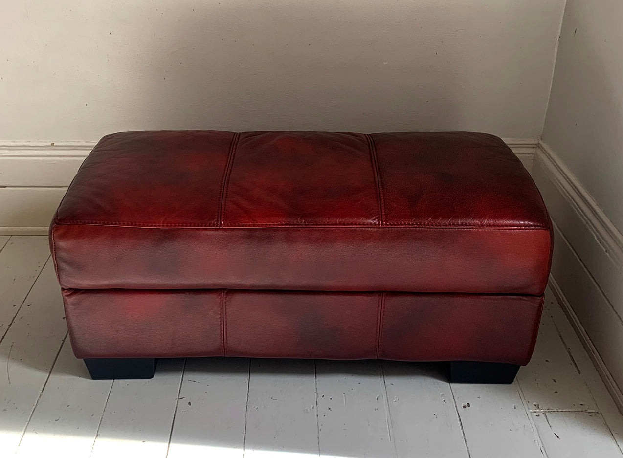 Large Red Leather Rectangular Footstool / Ottoman / Pouffe