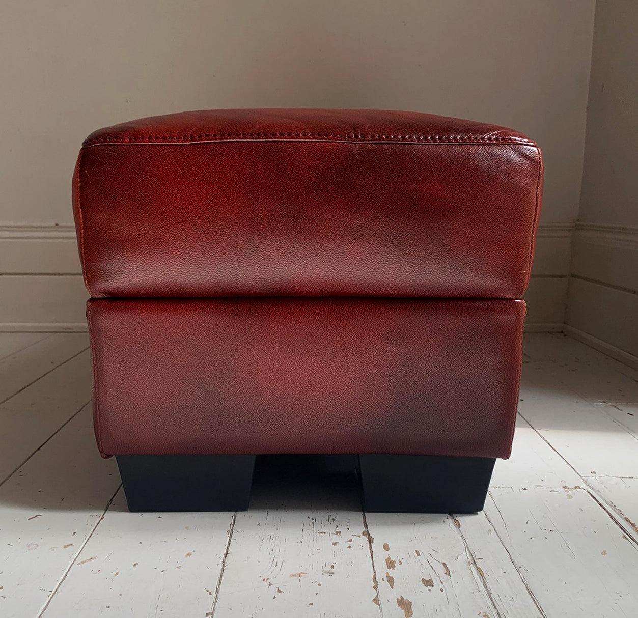 Large Red Leather Rectangular Footstool / Ottoman / Pouffe