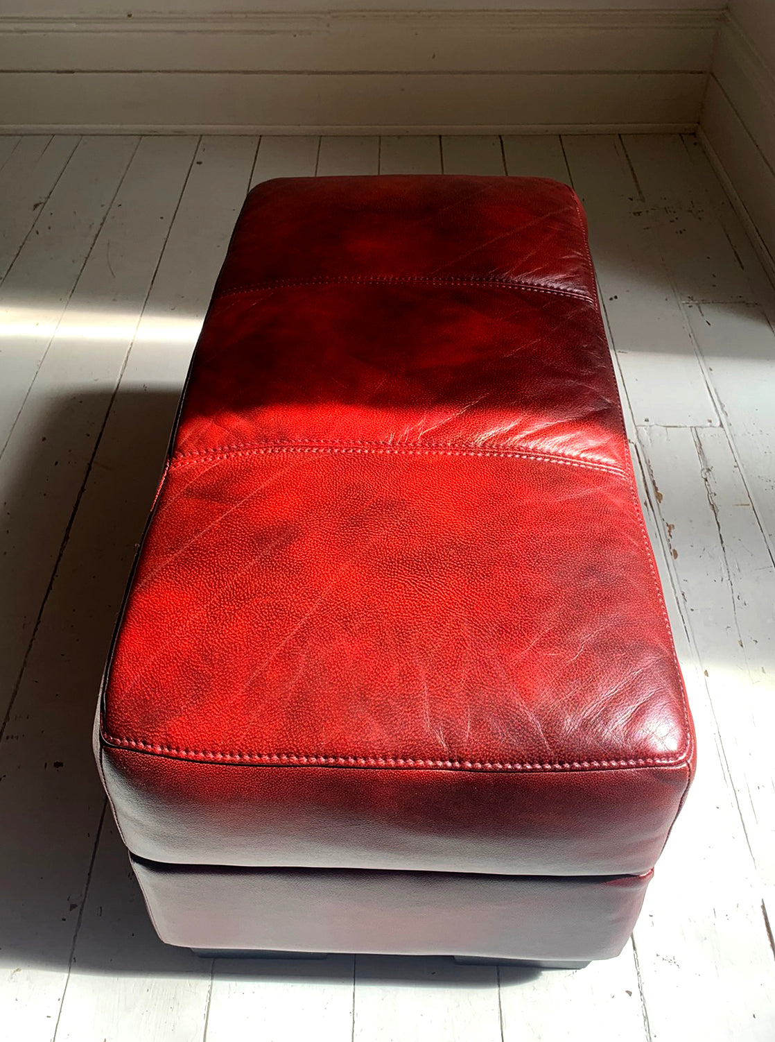 Large Red Leather Rectangular Footstool / Ottoman / Pouffe