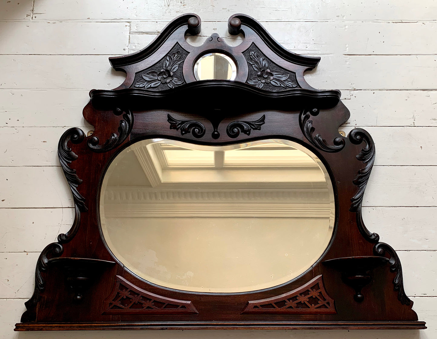 Victorian Over Mantle Mirror w/ Bevelled Glass & Mahogany Frame, Carved Pediment