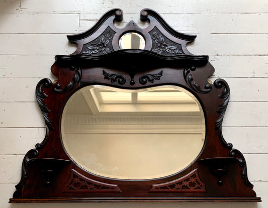 Victorian Over Mantle Mirror w/ Bevelled Glass & Mahogany Frame, Carved Pediment