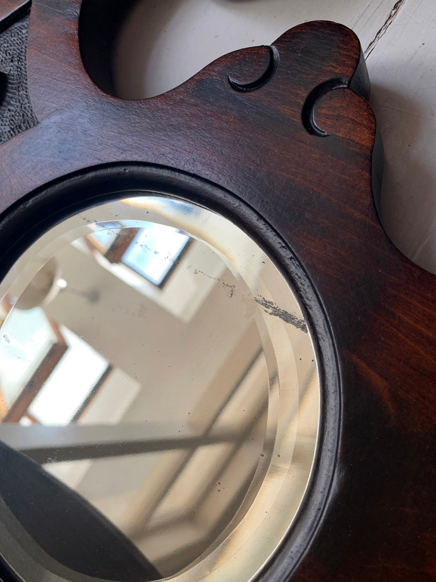 Victorian Over Mantle Mirror w/ Bevelled Glass & Mahogany Frame, Carved Pediment