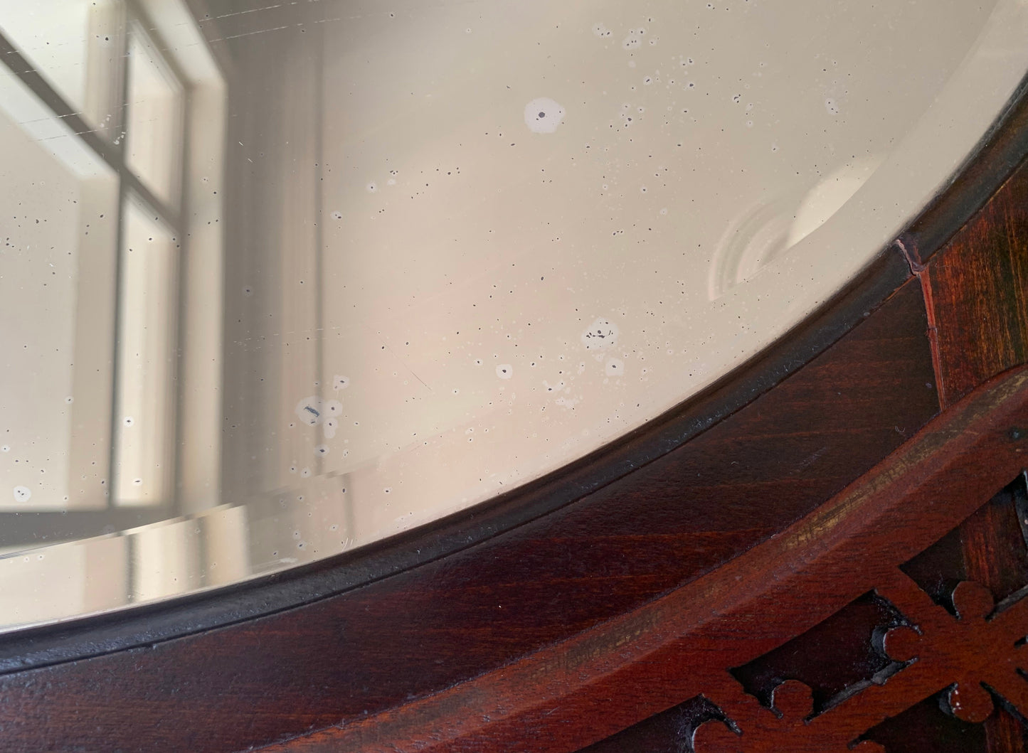 Victorian Over Mantle Mirror w/ Bevelled Glass & Mahogany Frame, Carved Pediment