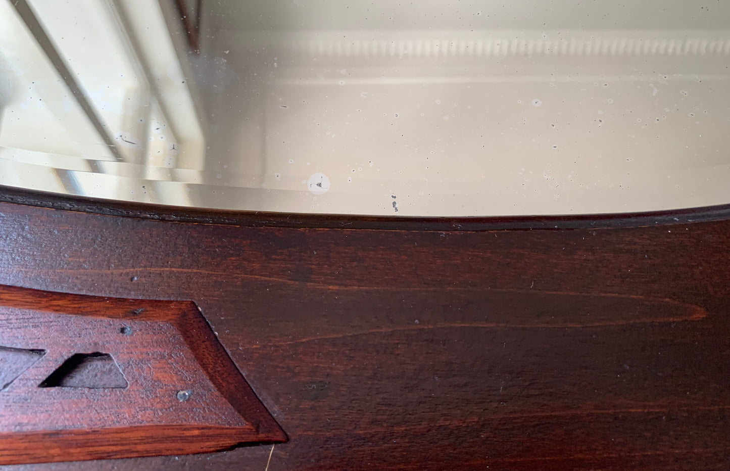 Victorian Over Mantle Mirror w/ Bevelled Glass & Mahogany Frame, Carved Pediment