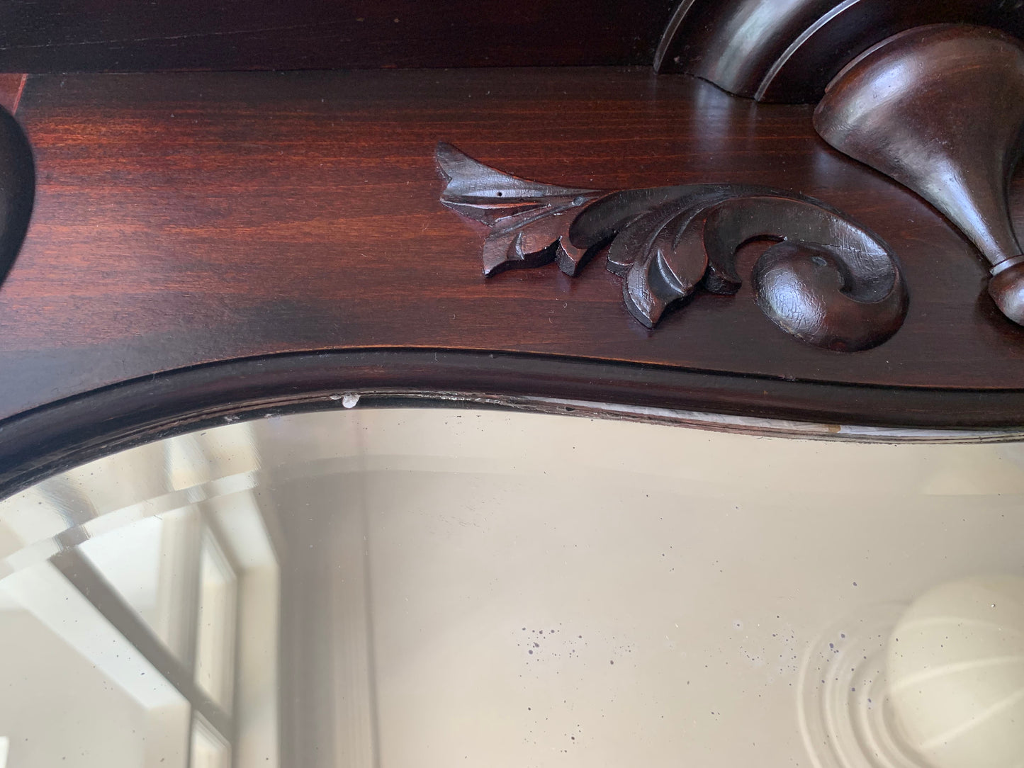 Victorian Over Mantle Mirror w/ Bevelled Glass & Mahogany Frame, Carved Pediment