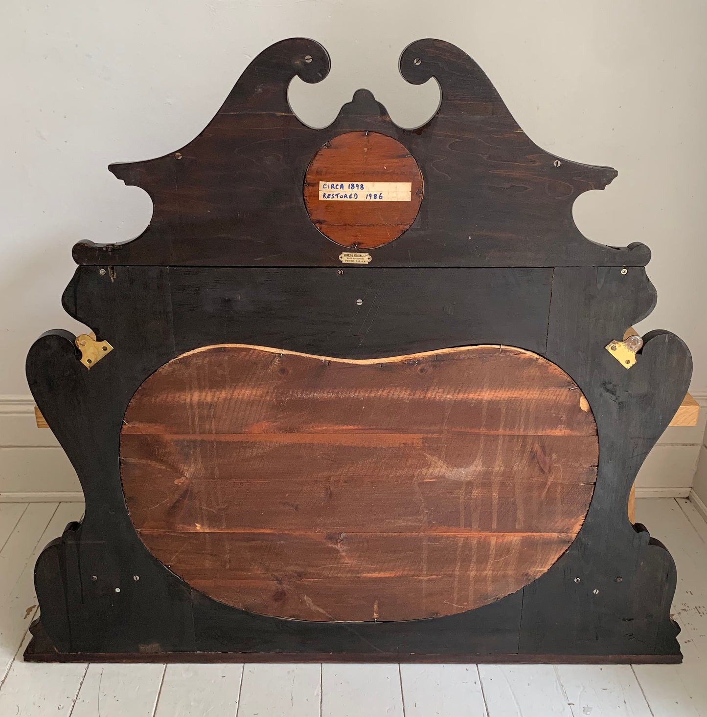 Victorian Over Mantle Mirror w/ Bevelled Glass & Mahogany Frame, Carved Pediment