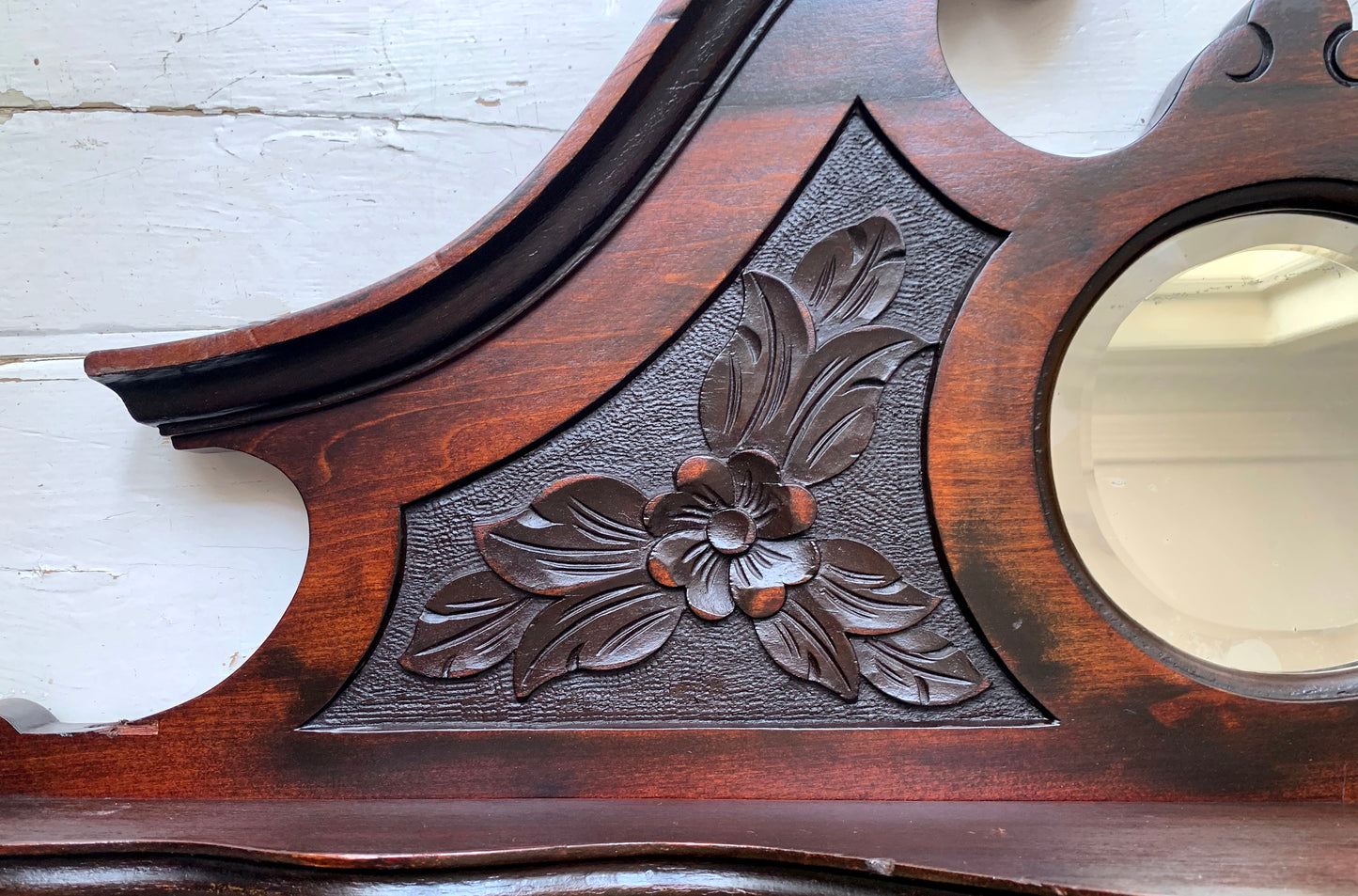 Victorian Over Mantle Mirror w/ Bevelled Glass & Mahogany Frame, Carved Pediment