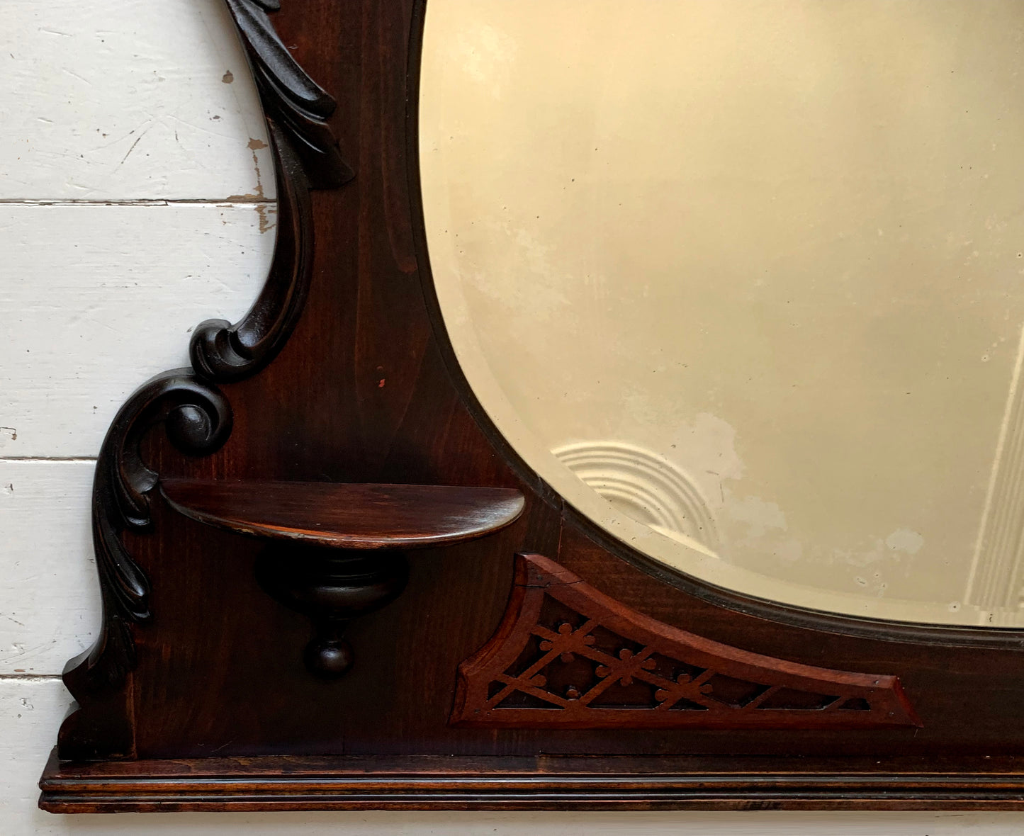 Victorian Over Mantle Mirror w/ Bevelled Glass & Mahogany Frame, Carved Pediment
