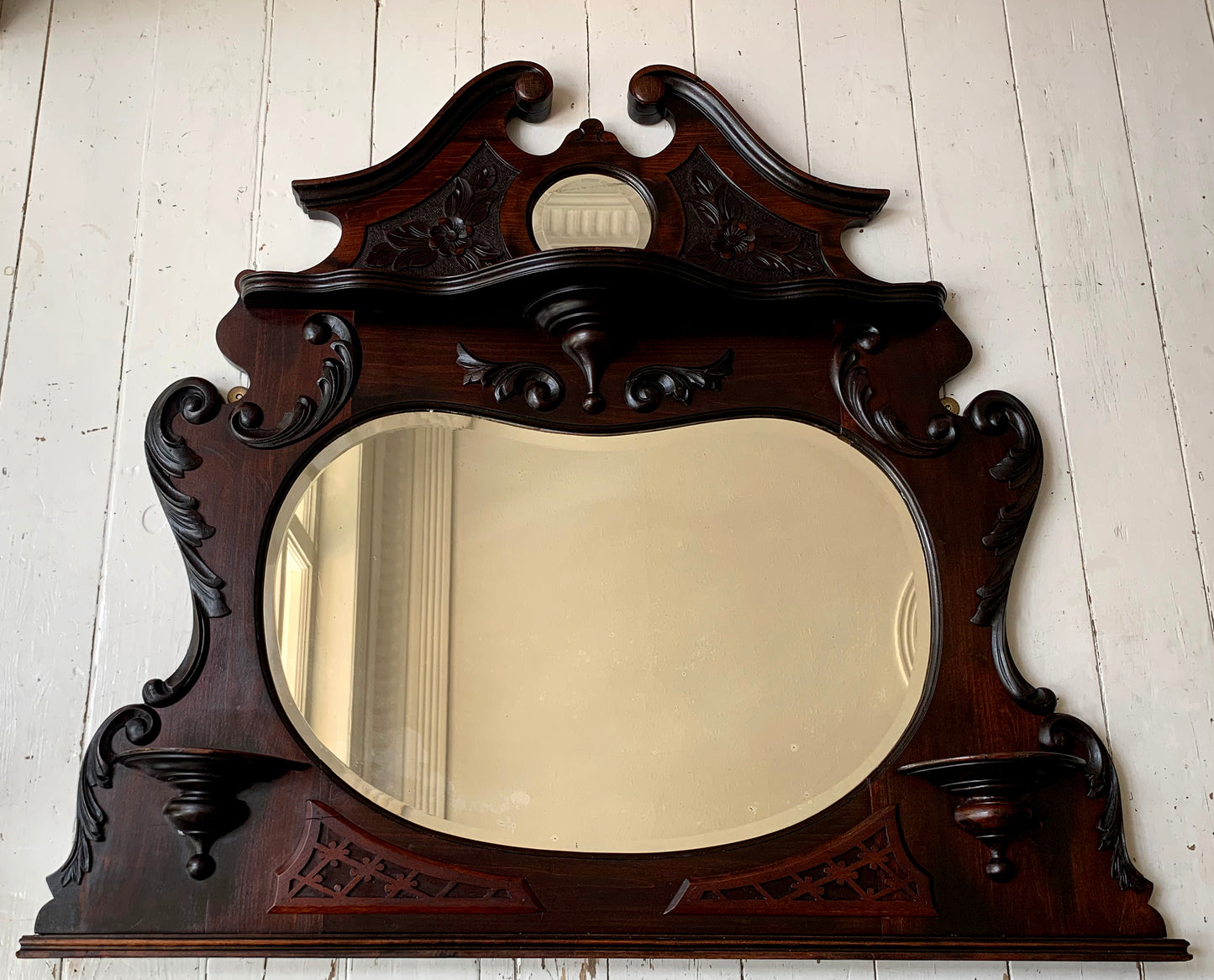 Victorian Over Mantle Mirror w/ Bevelled Glass & Mahogany Frame, Carved Pediment