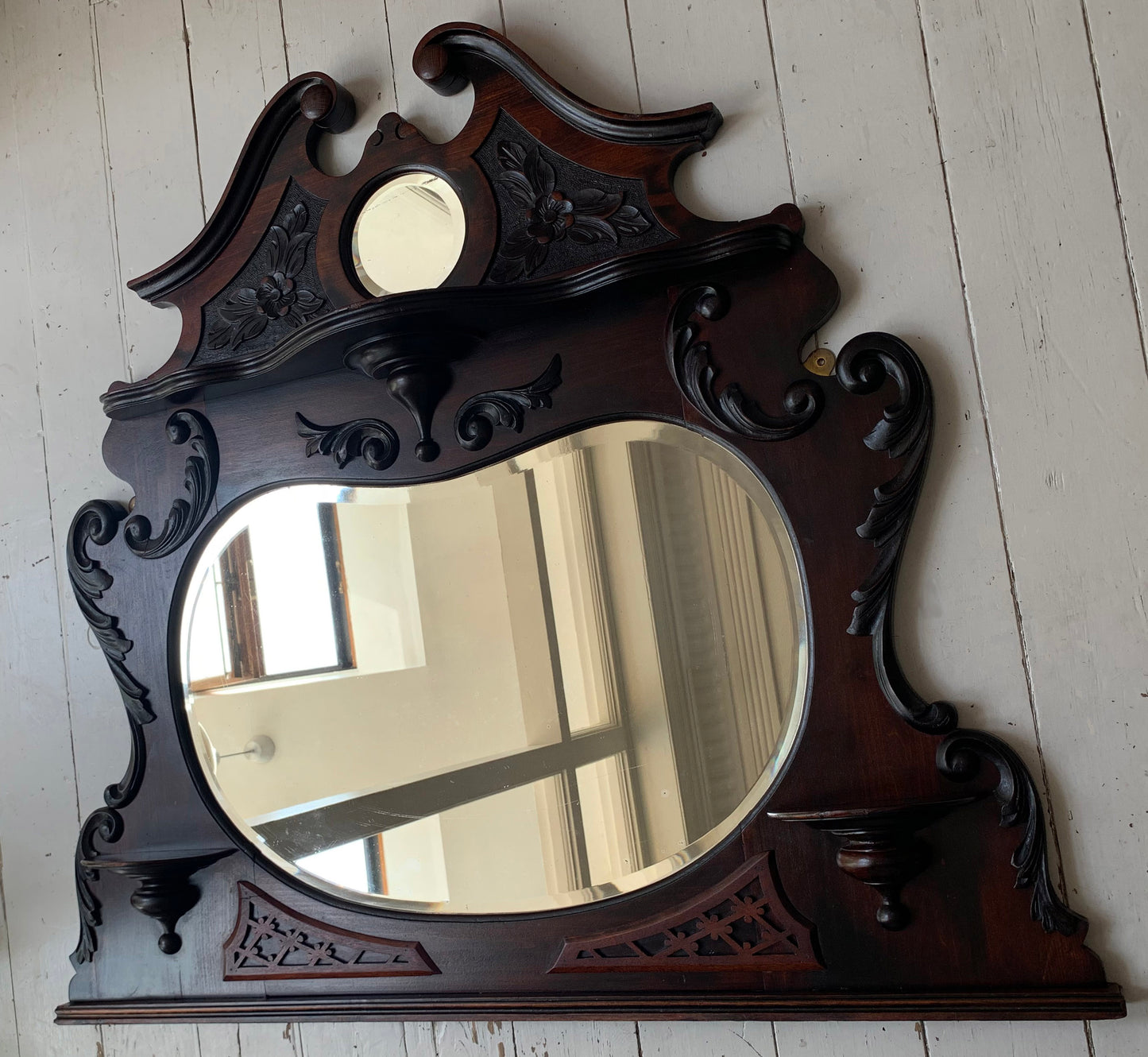 Victorian Over Mantle Mirror w/ Bevelled Glass & Mahogany Frame, Carved Pediment